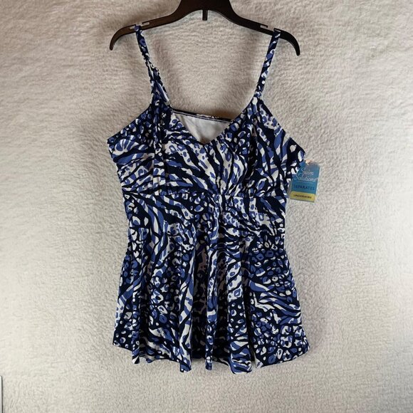 Swim Solutions Womens Navy V-Neck Animal Print Underwire Tankini Top Size 18 NWT - Picture 1 of 8